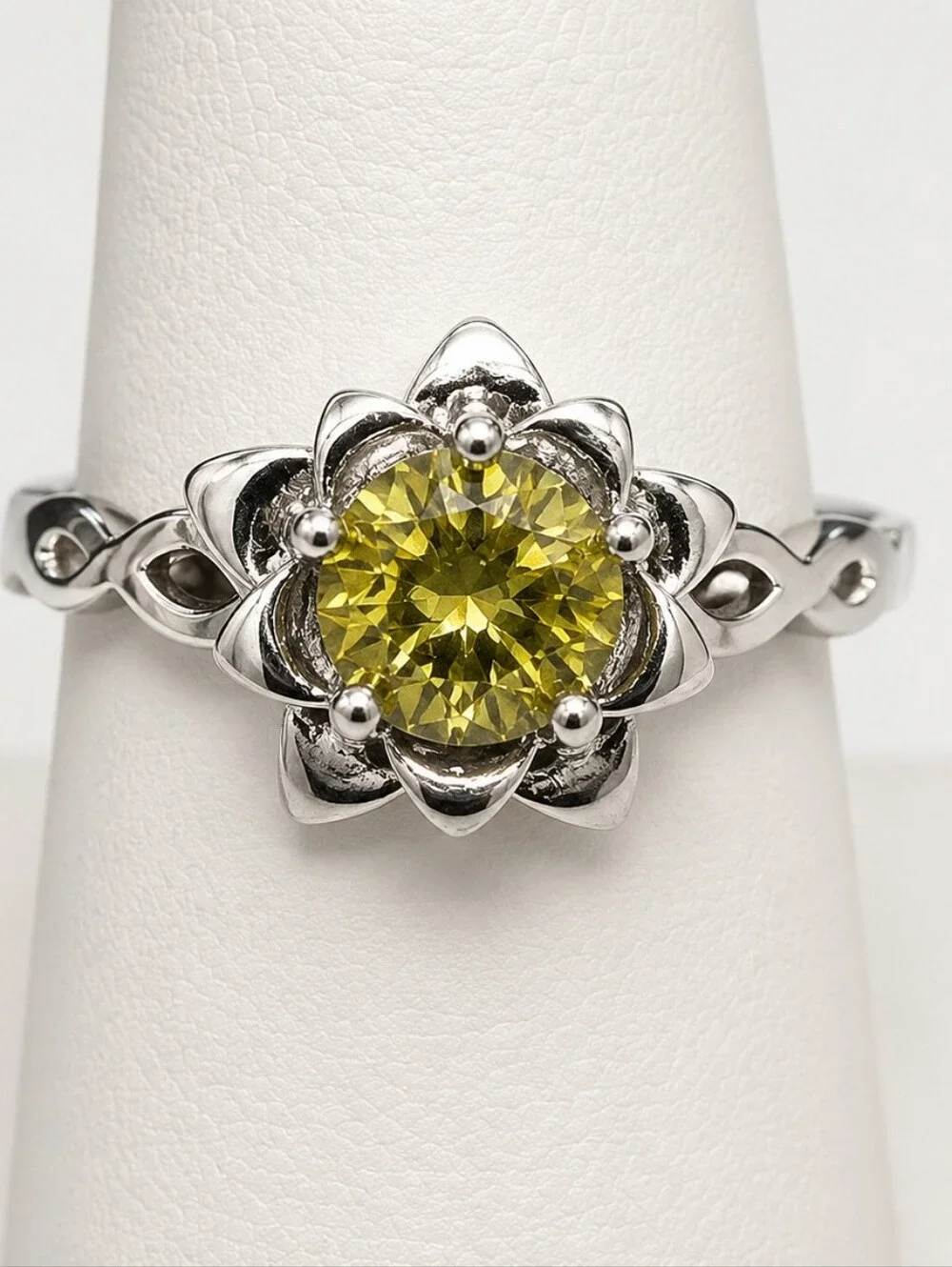 Yellow Moissanite Flower Ring Silver Adjustable Statement Ring